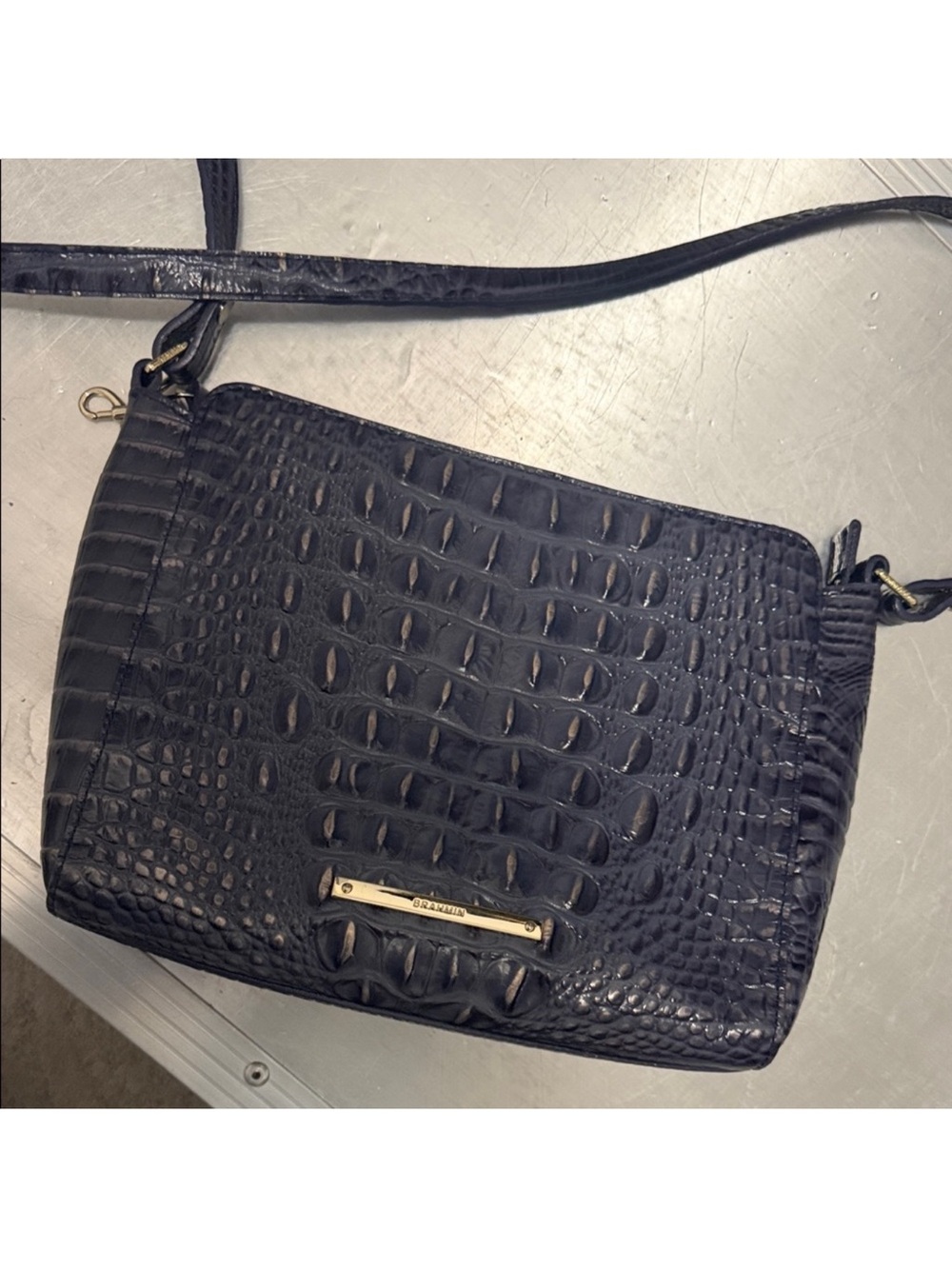 Brahmin Slate Gray Bue Croc-Embossed Crossbody Bag